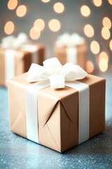 Wall Mural - brown box with a white bow on top of it. the box is sitting on a table