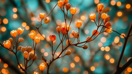 Canvas Print - Orange flower buds, bokeh lights, garden, night