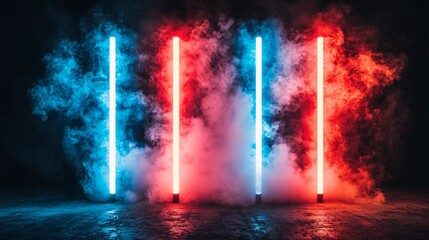 Wall Mural - neon lights, smoke, dark studio, abstract background, design element