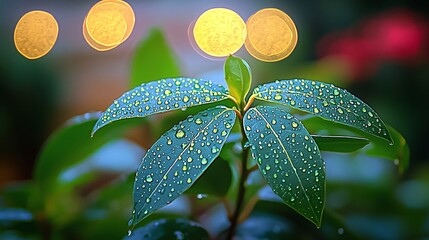 Wall Mural - Dew-kissed leaves, night garden, bokeh lights, nature serenity