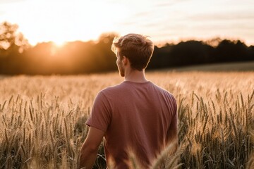 Aufkleber - Young man enjoys a peaceful sunset walk in a golden wheat field during summer in the countryside. Generative AI