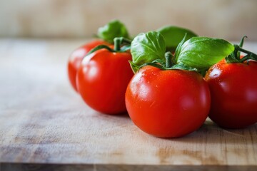 Leinwandbilder - Fresh ripe tomatoes and basil leaves on a wooden cutting board ready for cooking in a bright kitchen. Generative AI