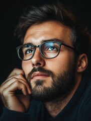 Aufkleber - Thoughtful young man with glasses looking up in a dimly lit room during evening hours. Generative AI