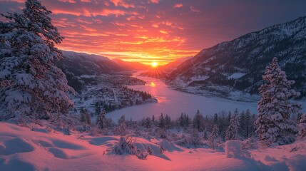 Stunning winter sunrise over a snow-covered valley and frozen lake.