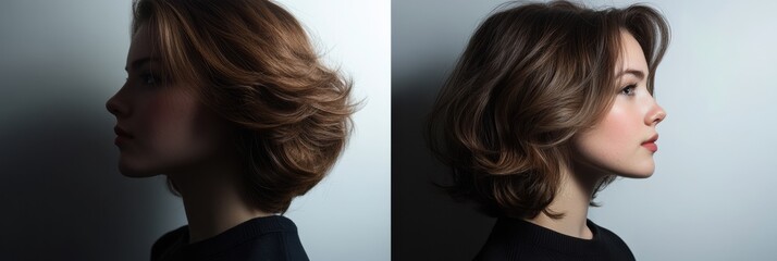 Poster - Transformation from unkempt to stylish hair showcasing a stunning before and after hairstyle in a professional setting. Generative AI
