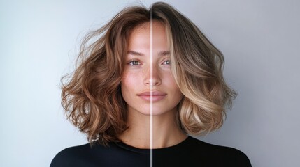 Poster - Transformation from unkempt to stylish hair showcasing a professional makeover in a modern salon environment. Generative AI