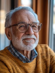 Aufkleber - Elderly man smiles warmly indoors wearing glasses and an orange sweater near large windows in soft natural light. Generative AI