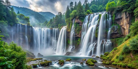 Wall Mural - Panoramic view of misty Nuorilang Waterfall in Sichuan's scenic mountains, tranquility, landscape,  tranquility, landscape, china