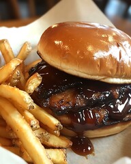 A crispy pork belly burger with hoisin sauce and a side of hand-cut fries.