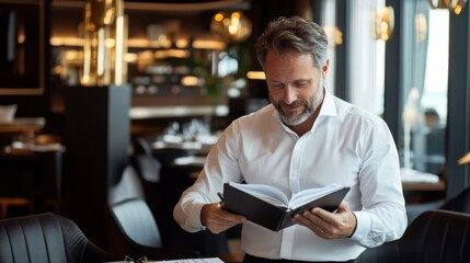Leinwandbilder - A man is sitting at a table in a restaurant, reading a book
