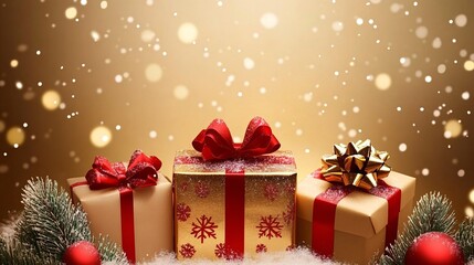 Aufkleber - Christmas gifts decorated with red and gold ribbon on snowy surface with falling snowflakes
