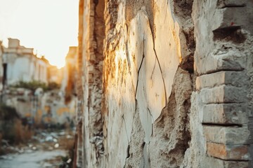 Fototapete - Ruined building with cracked walls illuminated by sunset in an abandoned area waiting for restoration. Generative AI