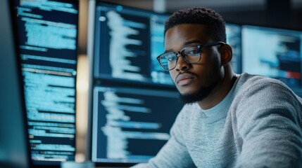 Fototapete - A man wearing glasses is looking at a computer screen with multiple monitors