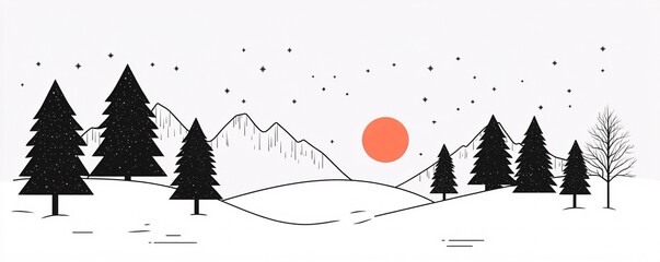 Aufkleber - Winter minimalist landscape with conifers, mountains and rising sun