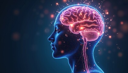 Poster - Illustration of human head with glowing brain inside with neural connections and data points. Futuristic AI tech and neuroscience concept symbolizes cognition, mind power and mental health.