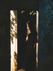 Poster - Silhouette of a woman framed by a doorway illuminated by soft sunlight in a rustic setting. Generative AI