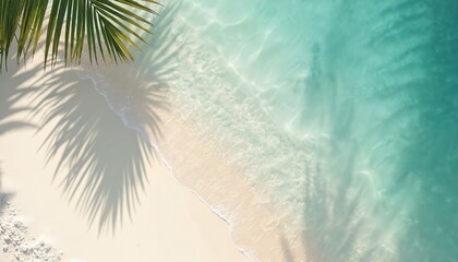 Aufkleber - Top view of beach sand with palm leaf shadow and turquoise sea water surface. Clean white sand meets calm ocean. Summer vacation background. Tropical island paradise holiday get-away.