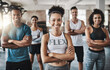 © Donson2000/peopleimages.com - Portrait, group or friends in gym, arms crossed or fitness goals with support. Training, exercise or people in wellness facility, challenge or endurance with pride, workout or motivation with healthy