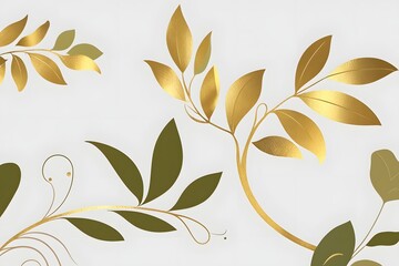 floral golden seamless pattern with branches on white background.