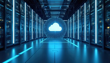 Fototapete - Futuristic server room with neon lights illuminates rows of computer racks, cloud data storage, hardware. Cyberspace data center with networking infrastructure, modern computing, AI, information