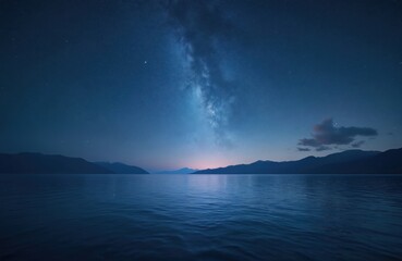 Wall Mural - majestic starry sky over blue sea at night. milky way galaxy arch shines above dark water, reflectin