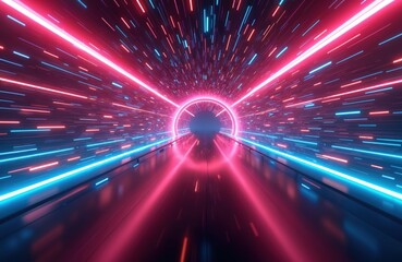 Poster - Abstract futuristic background with tunnel portal, pink, blue glowing neon moving high speed wave lines, bokeh lights. Data transfer concept wallpaper, fantastic design, hi-tech digital motion,