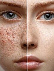 Leinwandbilder - Comparison of acne prone skin and flawless skin showcasing dermatology effects and skin care results. Generative AI