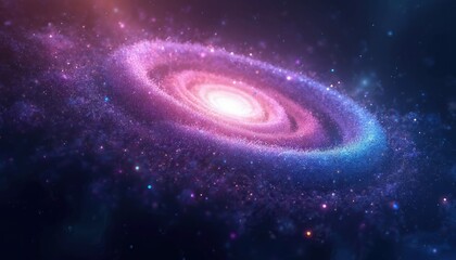 Poster - Swirling galaxy made of purple, blue particles creating cosmic effect. Digital art space scene with stars, nebulae, clouds gives glow, glistering shine, light, shows motion, flow, depth. Illusion of