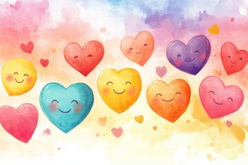 Wall Mural - Colorful watercolor hearts smiling in a vibrant background celebrating love and joy. Generative AI