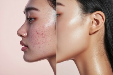 Poster - Comparison of acne prone skin and flawless skin highlighting dermatology advancements and skincare routines. Generative AI