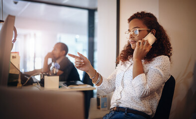 Poster - Pointing, serious and woman in office, phone call and listening to feedback for project or creative. Business, copywriter and communication for article on web, discussion and person in media company