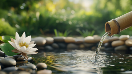 Wall Mural - bamboo spout pouring water into serene pond with lotus flower and smooth stones, creating tranquil atmosphere in nature