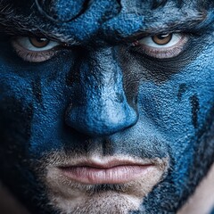 Wall Mural - Intense portrait of a man with blue face paint.