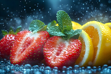 Sticker - Close Up Sliced Strawberries And Lemons With Mint Leaves