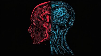 Fototapete - Fusion of human and machine in a cybernetic head with intricate textures and a vibrant sci fi aesthetic. Generative AI