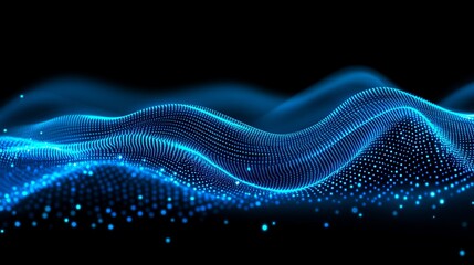 Wall Mural - abstract blue waves with glowing particles on black background