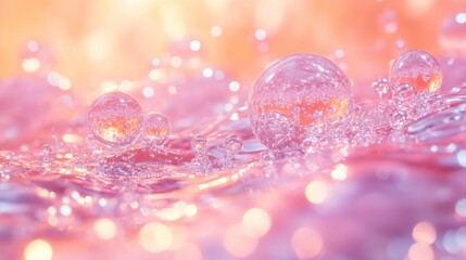Poster - Abstract image of glistening water droplets and bubbles on a pink and orange background.