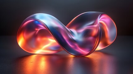 Poster - Abstract iridescent glass infinity symbol with vibrant lighting, reflecting on a dark surface.