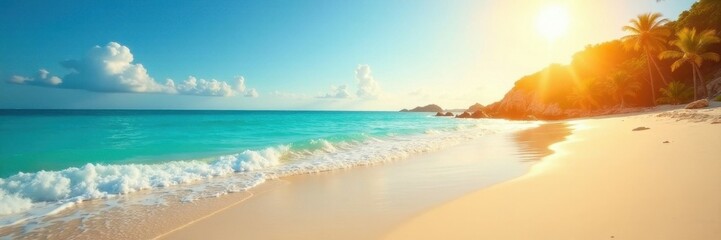  Golden sand, turquoise waves, bright sun, clear sky, warm, gold, pattern
