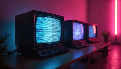 Aufkleber - Three retro televisions with glitching screens in neon-lit room. Vintage TV sets display static noise, pixelated images. Aesthetic composition with blue, red, purple neon lights, dark shadows,