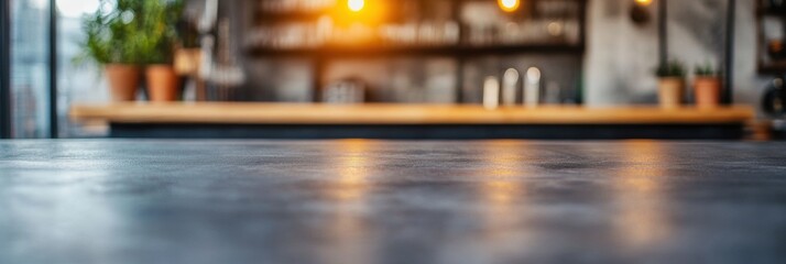 Fototapete - Rustic cafe interior with warm lighting and wooden bar highlighting a cozy ambiance during the evening. Generative AI