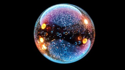 Poster - Abstract sphere with vibrant colors, bubbles, and glowing particles on a black background.