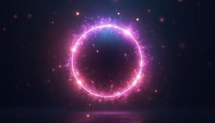 Poster - Abstract glowing neon sphere of particles waves on dark background. Circle with magic purple pink flame sparks isolated on transparent. Generative ai creates sci-fi wallpaper tech backdrop.