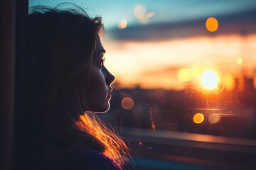 Aufkleber - Silhouette of a young woman gazing out a window during a colorful sunset in the city. Generative AI