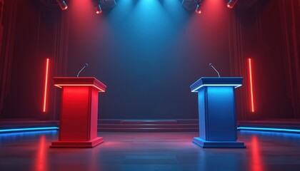Aufkleber - Two empty podiums stand on stage, spotlight shines. Red, blue colors symbolize opposing views during election debates. Ceremony illuminated interior ready for speaker to give speech or presentation.