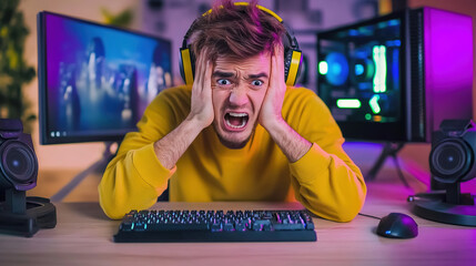Stressed developer working late at computer setup, surrounded by multiple monitors and coffee cups, showcasing the challenges of modern tech work and mental pressure in a fast-paced digital environmen
