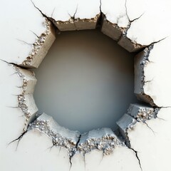 Poster - Cracked wall with round hole in center. Cement texture wall with fractured plaster, cracks. Abstract geometric pattern backgrounds, grunge surface, rough material, weathered structure with empty