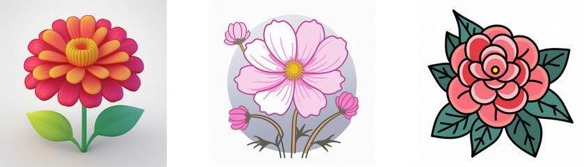 Wall Mural - three flower illustrations are presented: one layered orange and pink, another pink cosmos with a gr