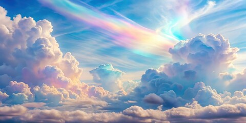 Wall Mural - Clouds shimmering with holographic iridescence against a soft, dreamy sky, sparkle, ethereal atmosphere