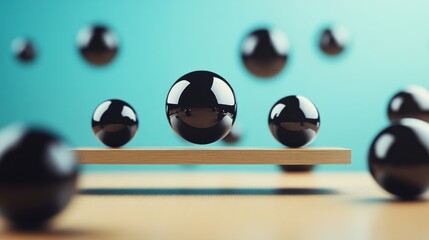 Poster - Black spheres levitating above wooden plank against a teal background.